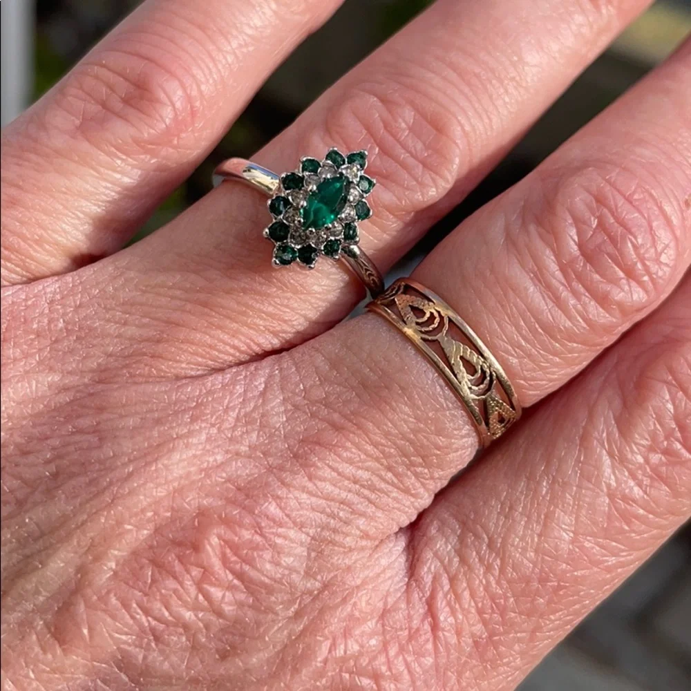 New vintage 14k gold electroplate ring/ emeralds